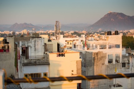 View of the roof tops of Udaipur at sunrise from Hanuman Hotel in Rajasthan.